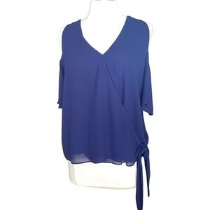 Naked Zebra, cold shoulder short bell sleeve faux wrap top in blue